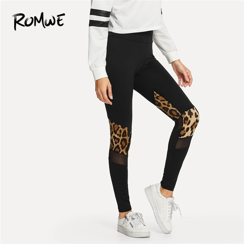 

Romwe Sport Black Leopard Print Mesh Exercise Yoga pants Women 2018 Autumn Fitness Gym Leggings Compression Sportwear Tights