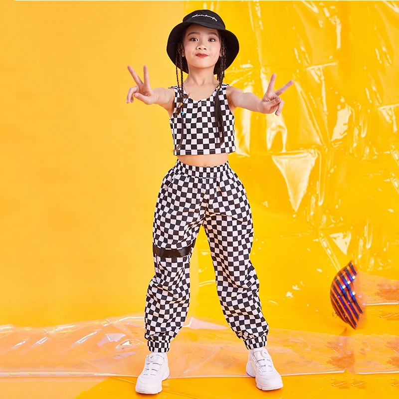 Jazz Dance Costumes Black Plaid Vest Pants Kids Hip Hop Street Dancing Clothes Girls Cheerleading Performer Dancewear DNV11375 |