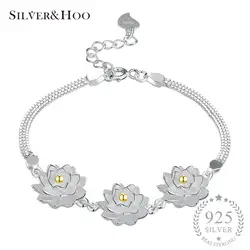 SILVERHOO натуральная 925 серебро цветок лотоса Браслеты для Для женщин для девочек подарок на день рождения элегантные изделия регулируемый