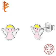 BELAWANG, детские ювелирные изделия, 925 пробы, серебро, милая шпилька ангел, серьги для детей, Розовая эмаль, маленькие серьги, подарок на день рождения
