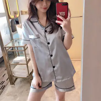 

Short Sleeve Silk Pajamas Spring Women Summer Pajama Sets Silk Pijama Sleepwear Pyjamas homwear