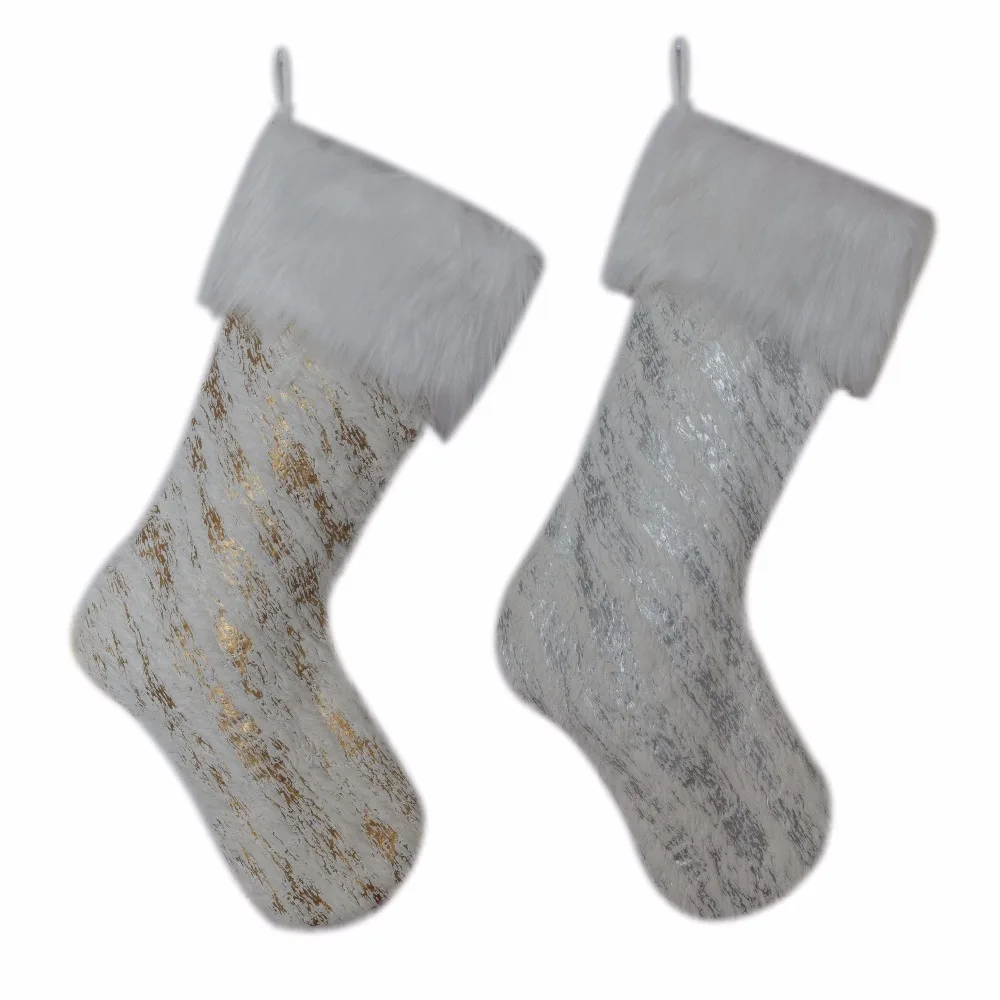 Подарочные Bronzing печатных BlingBling с белым искусственный мех Рождественский носок с отделкой Рождественская елка украшения