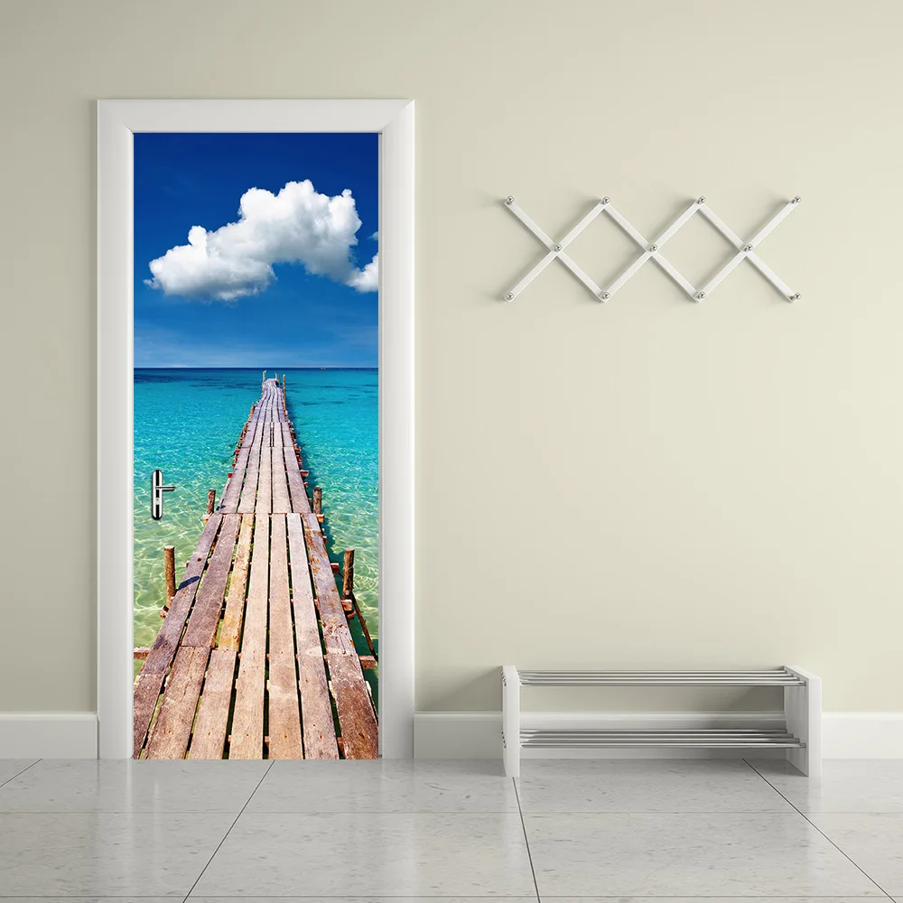 

Blue Sky White Cloud Wooden Bridge Door Stickers For Livingroom Bedroom Self Adhesive Wallpapers DIY Renovation Door Decal New
