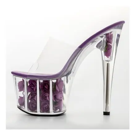 Женские шлепанцы на платформе; обувь на ультравысоком тонком каблуке 17 см с цветочным принтом; Прозрачная женская обувь сандалии; тапочки - Цвет: Серый
