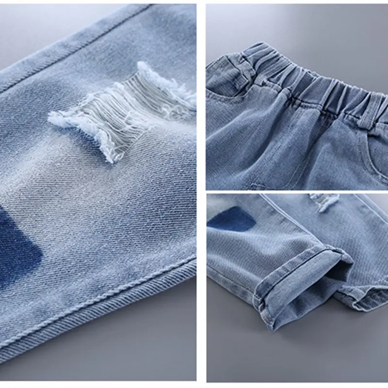 3 2019 New Baby Boys Pants  Jeans Ripped Denim Distressed Pants Solid Trousers Light Color Kids Cotton Elastic Waist Boy Clothing