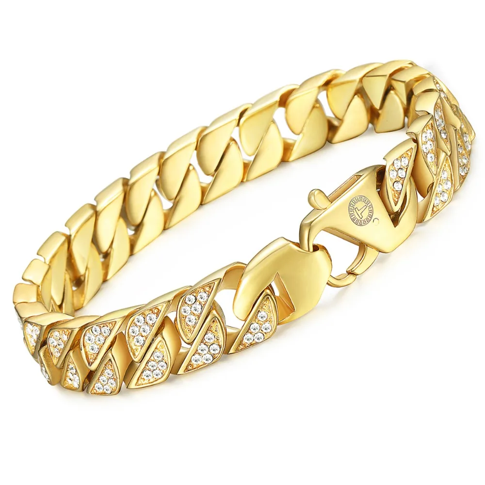 Men's Bracelets Hip Hop Iced Out CZ Gold 316L Stainless Steel Bracelet Male Street Jewelry
