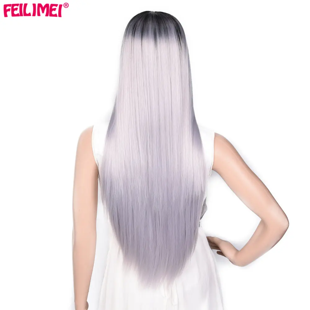 Feilimei Омбре серый парик 24 дюйма 280 г Синтетические длинные прямые Термостойкие волосы на всю голову Омбре цветные Косплей парики