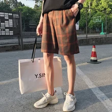 Летние корейские мужские повседневные свободные тонкие сетчатые Прямые хлопковые шорты по колено клетчатые пляжные брюки уличная Homme M-2XL