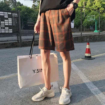 

2019 Summer Korean Men Casual Loose Thin Lattice Straight Cotton Shorts Knee Length Plaid Beach Trousers Streetwear Homme M-2XL