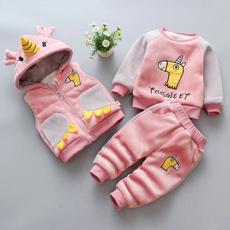 

Children's winter suit girls plus velvet thick cotton cartoon Fashion hoodies + vest + pants 3pcs sets infant baby clothing