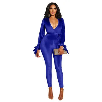 

Women Sexy V-neck Playsuit Backless Velvet Skinny Jumpsuit Elegant Lace Up Overalls