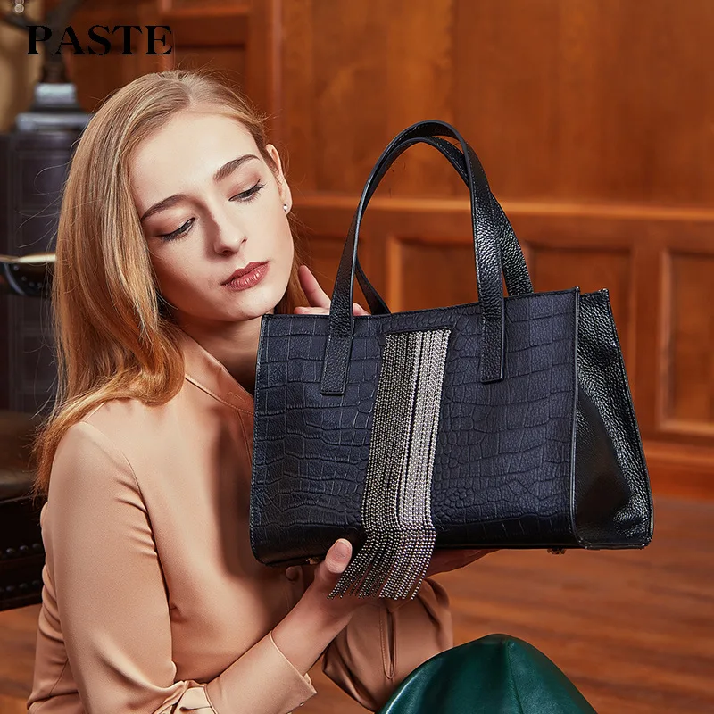 

2019 New Silver Beads Tassel Design Women's Handbag Genuine Cow Leather Crocodile Pattern Female Shoulder Bag Brand PASTE Tote