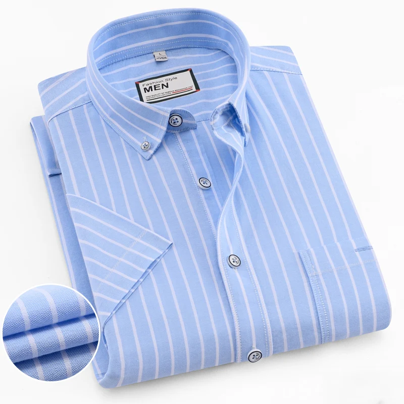 

Summer Men's leisure striped shirts short sleeve pure cotton high quality regular fit easy care pocket male casual plaid tops