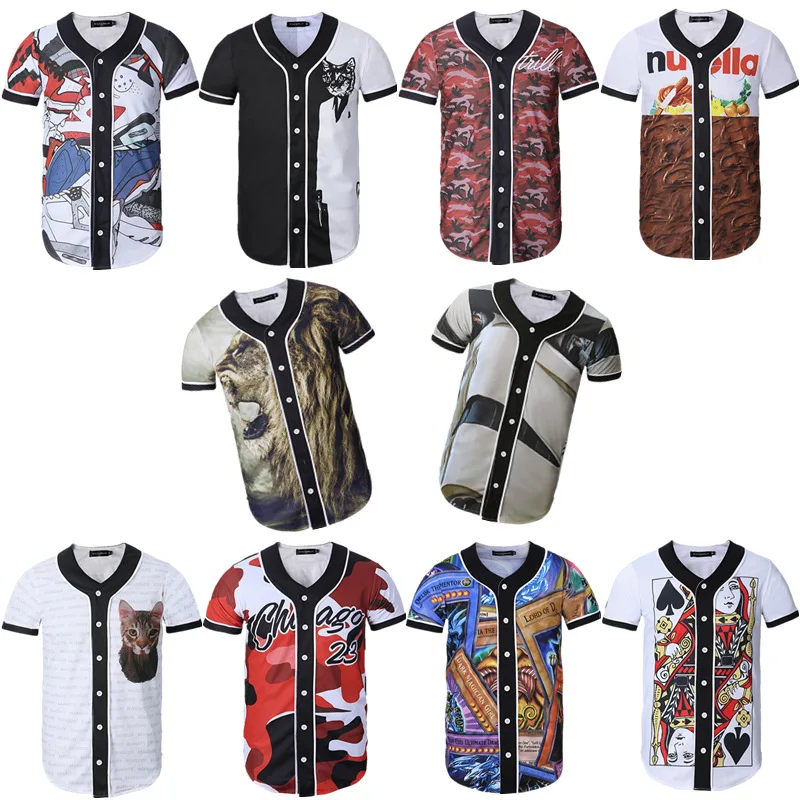 Streetwear Tees Shirts Hip Hop Baseball Jersey Mens 3D Printed T-Shirts Buttons Up Short Sleeves Homme Tops | Спорт и развлечения