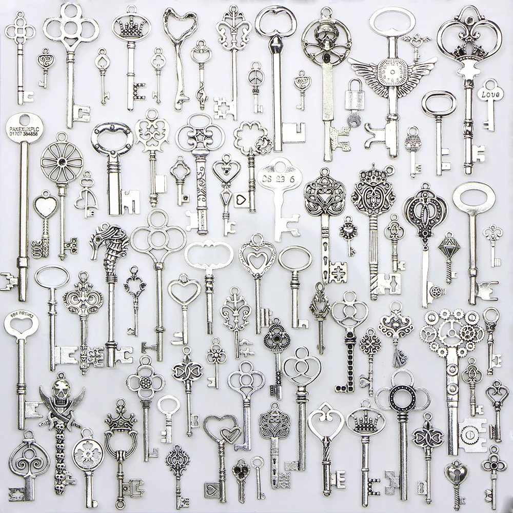 

80PCS/pack Tibetan silver Mixed Charms Key Shape Pendant Charms for Jewelry Making DIY Handmade Decoration Key Charms