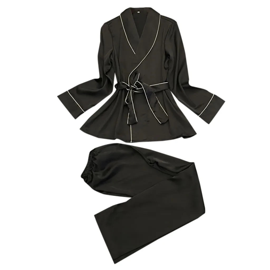 Летняя новая женская модная сексуальная Шелковая пижама с отворотом для отдыха шелковая Домашняя одежда сексуальная ночная рубашка Женский комплект 2 шт - Цвет: Black
