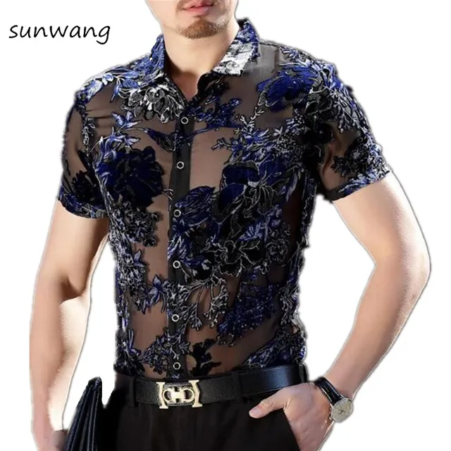 2017 Brand Fashion Cool Designer Floral Mens See Through Shirts Casual ...