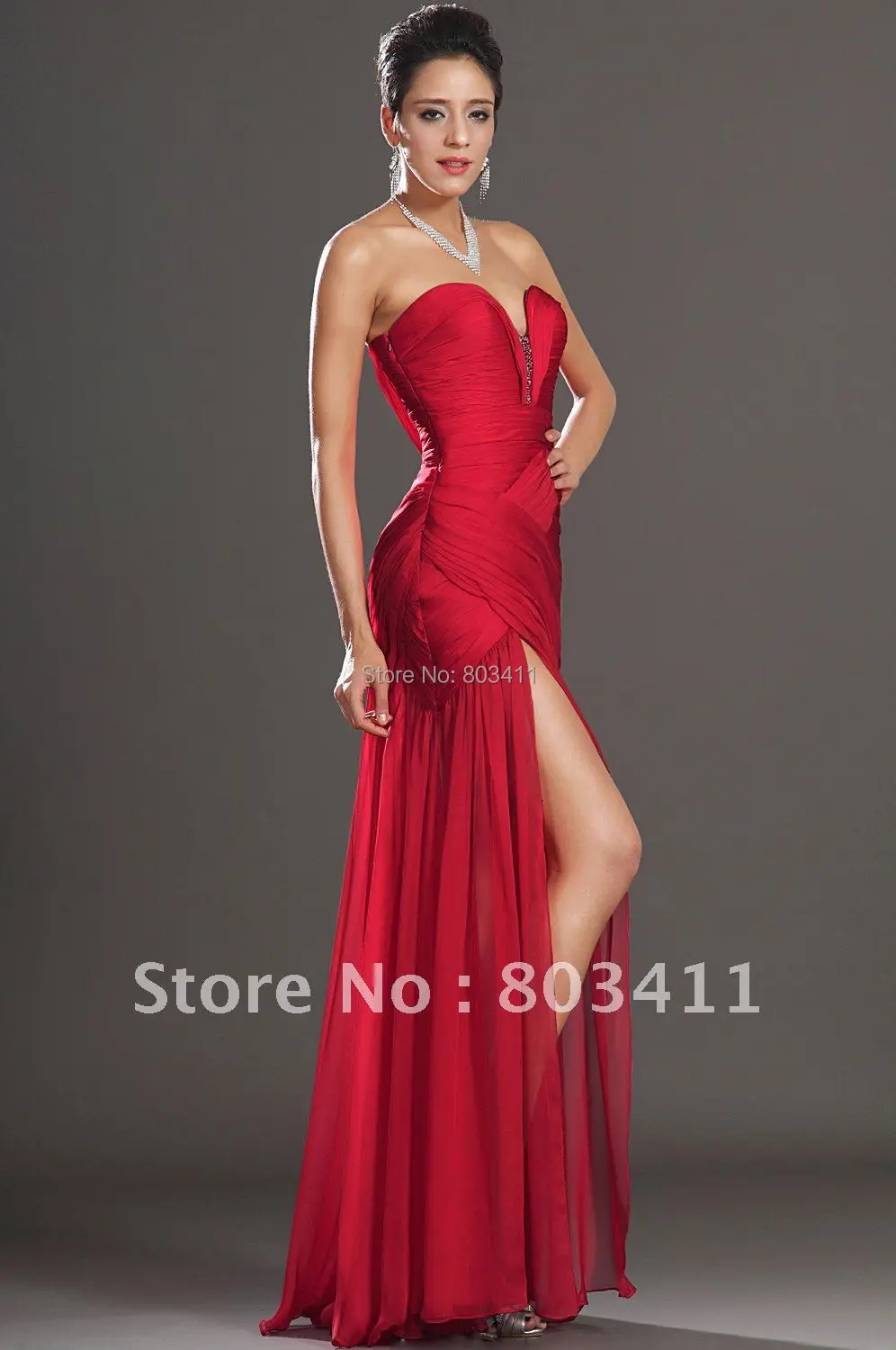 

Free Shipping New Stylish Ruched Bodice Front Slit Red Chiffon Sweep Train Evening Dress eveningdress