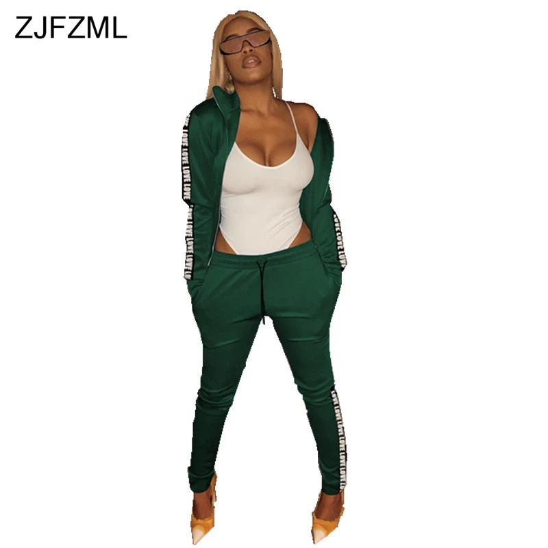 

Love Letter Print Two Piece Set Women Long Sleeve High-Necked Front Zipper Jacket+Drawstring Pockets Bodycon Pant Plus Size Suit