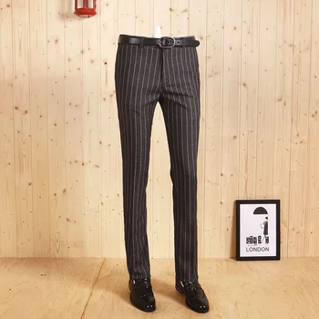 

2017 High Quality Men Spring Autumn Summer Grey Super Slim Stripe Gentleman Business Man Wedding Groom Casual Suits Long Pants