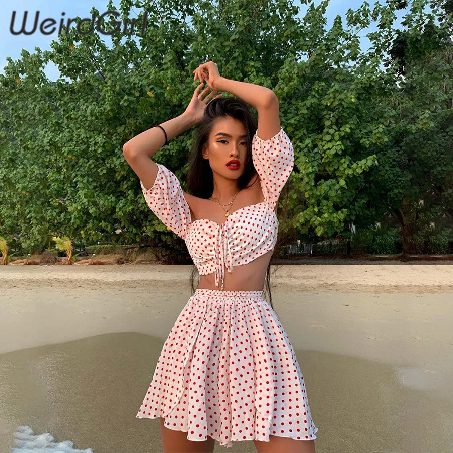 

Weirdgirl fashion women sets 2 pieces sash neck short sleeve dot print femme tees crop tops elastic skirt mini loose summer new
