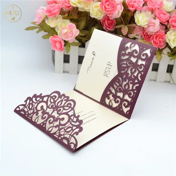 

Wine red pearl paper laser cut pocket fold wedding invitation cards
