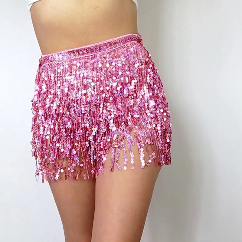 Женский сексуальный клубный Бандаж с высокой талией, шикарные юбки топ или юбка, сексуальная юбка с кисточками, юбка с пайетками, новинка, женская летняя мини юбка - Цвет: Pink