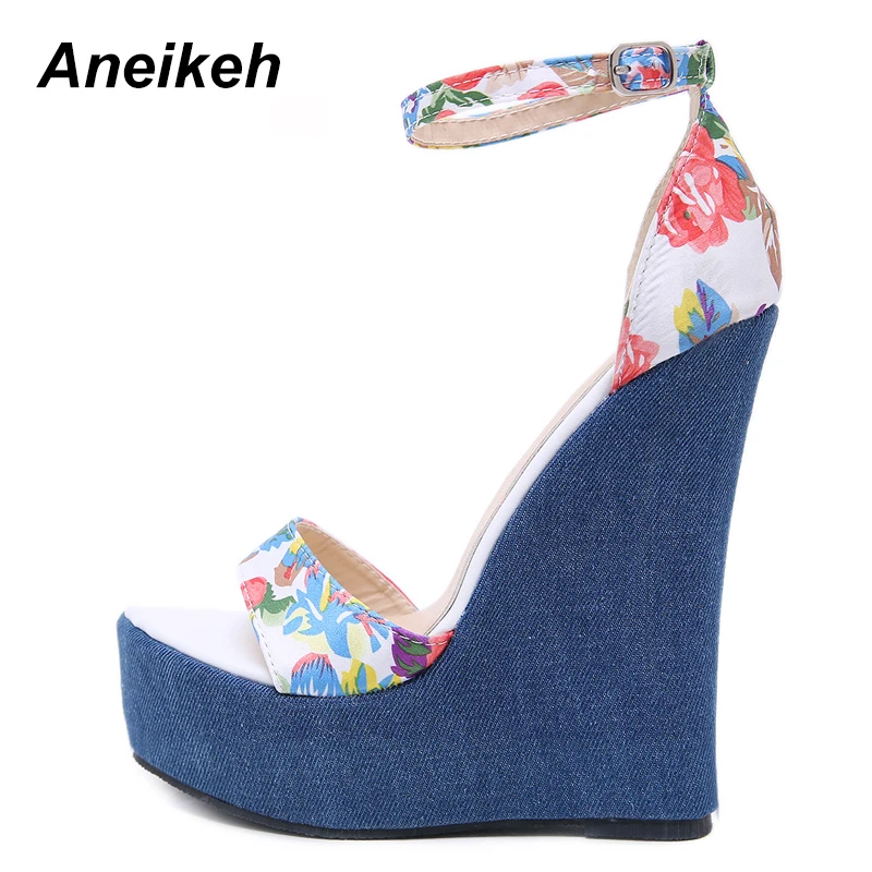 Aneikeh; коллекция года; парусиновые синие сандалии-гладиаторы для отдыха на высоком каблуке; женские босоножки на танкетке; женская обувь на платформе с пряжкой; повседневная обувь; размеры 41, 42