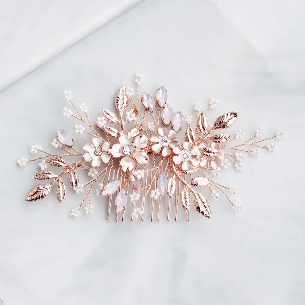 Women Flower Hair Combs Rose Gold Color Leaf Hair Jewelry Accessories Elegant Pink Crystal Wedding Hair Ornament For Bride - Metal color: Rose Gold Color