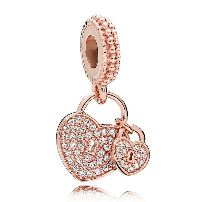 

Authentic 925 Sterling Silver Bead Charm Rose Gold Love Heart Lock With Crystal Pendant Beads Fit Pandora Bracelet DIY Jewelry