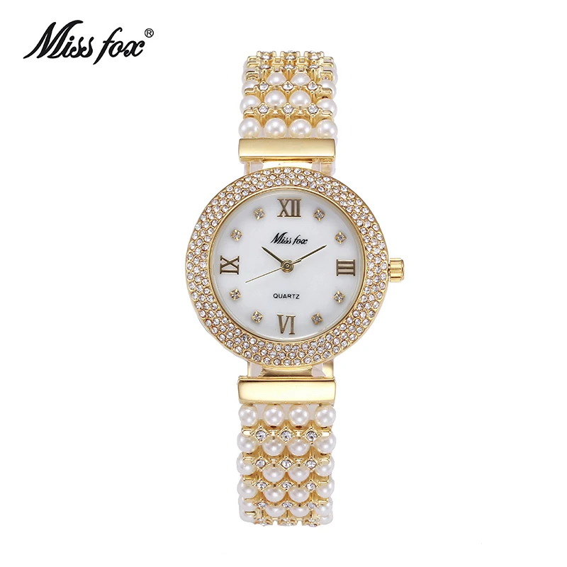 

Miss Fox Nature Pearl Watch Women Famous Brand Stainless Steel Back Water Resistant Gold Watch Quartz Diamond Timepiece Women