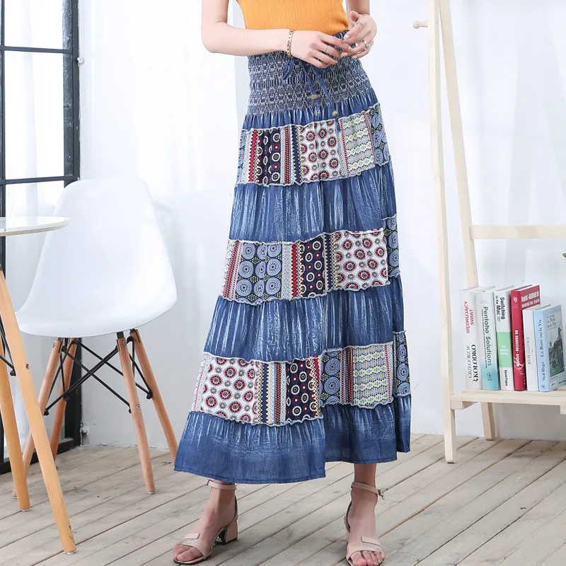 

Woman Vintage Long Denim Skirt 2019 Spring Summer National Style Geometric Print Patchwork A Line Maxi Skirt Elegant OL Skirt