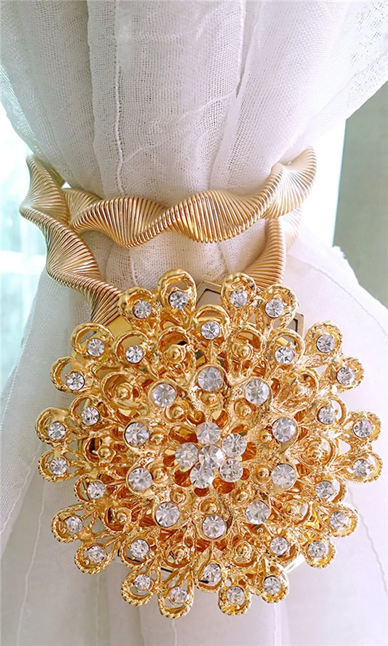 

2 x Creative Silver Gold Flower Stretchable Curtain Tieback Buckle Spring Magnet Tied Ball Tying Jewelry