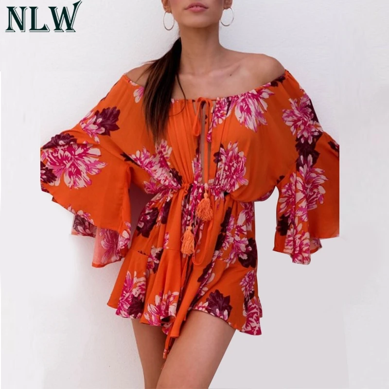NLW Boho Off Shoulder Women Palysuit Floral Beach Summer Short Jumpsuit Romper 2018 Flare Sleeve Sexy Casual Playsuit