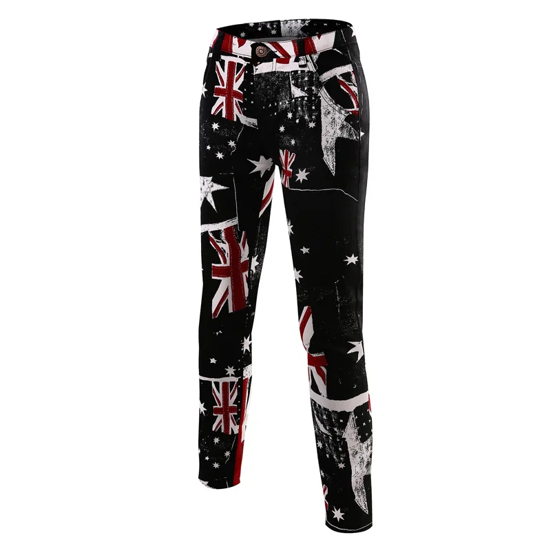 2016 new 4 style men Spring Autumn camouflage & American flag printed jeans fashion slim geometric patterns stretch skinny pants | Мужская