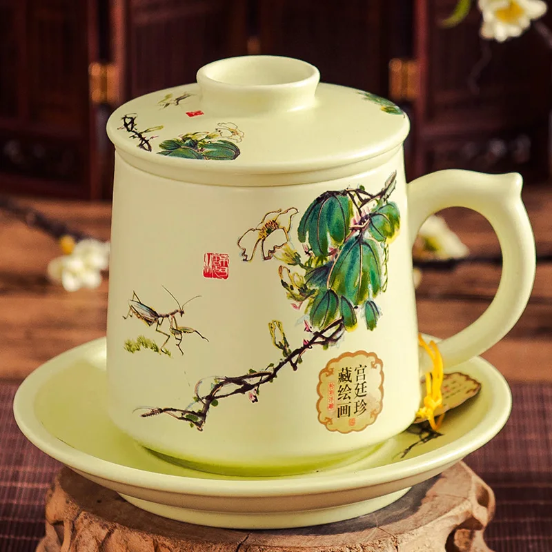 450 мл керамический фарфор Jingdezhen чашка Ретро китайский стиль традиционный мастер чашка с крышкой фильтр кофе молоко вода Посуда для напитков - Цвет: E(With saucer)
