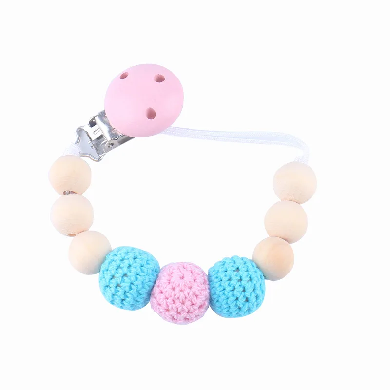 

Silicone Crochet Chew Beads Pacifier Clips Wood Dummy Clip Holder Cute Soother Chains Baby Teething Toy Baby Chew