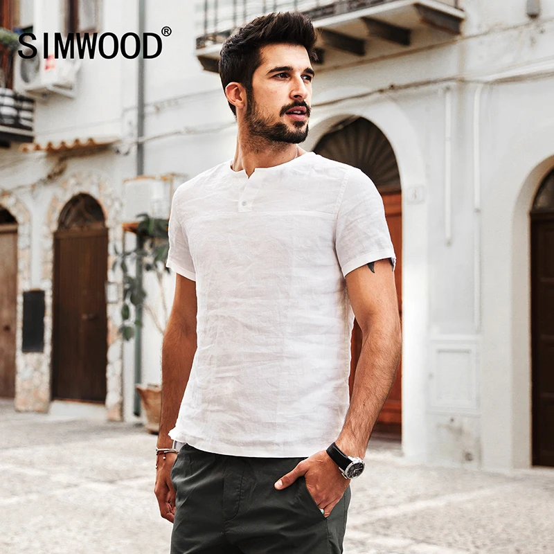Vente SIMWOOD 2019 D été Short Manches Hommes Chemises 100% Pur Lin Respirant Slim Fit Marque Vêtements Plus La Taille Pur et Nature CS1589