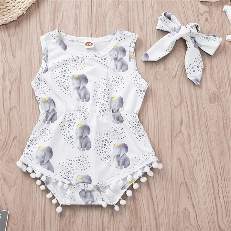 Комплект летней одежды для малышей из 2 предметов боди с кисточками и повязкой на голову для маленьких девочек 4JJ