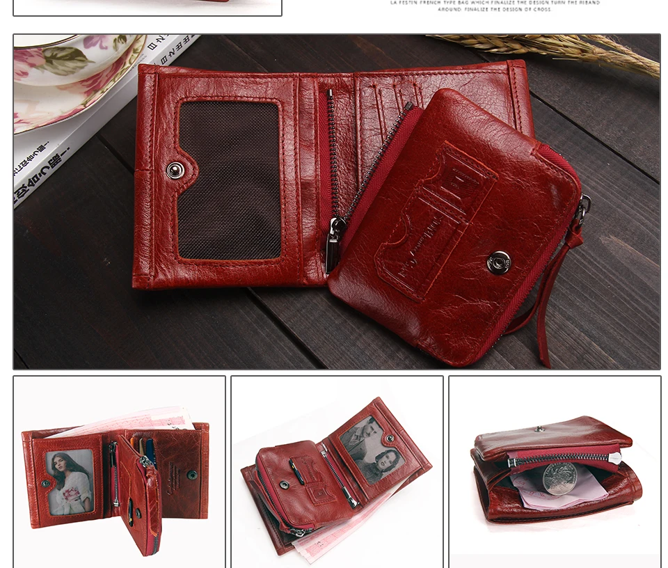 Contact'S Fashion Genuine Leather Women Wallet Small Standard Wallets Coin Bag Brand Design Lady Purse Card Holders Red Brown