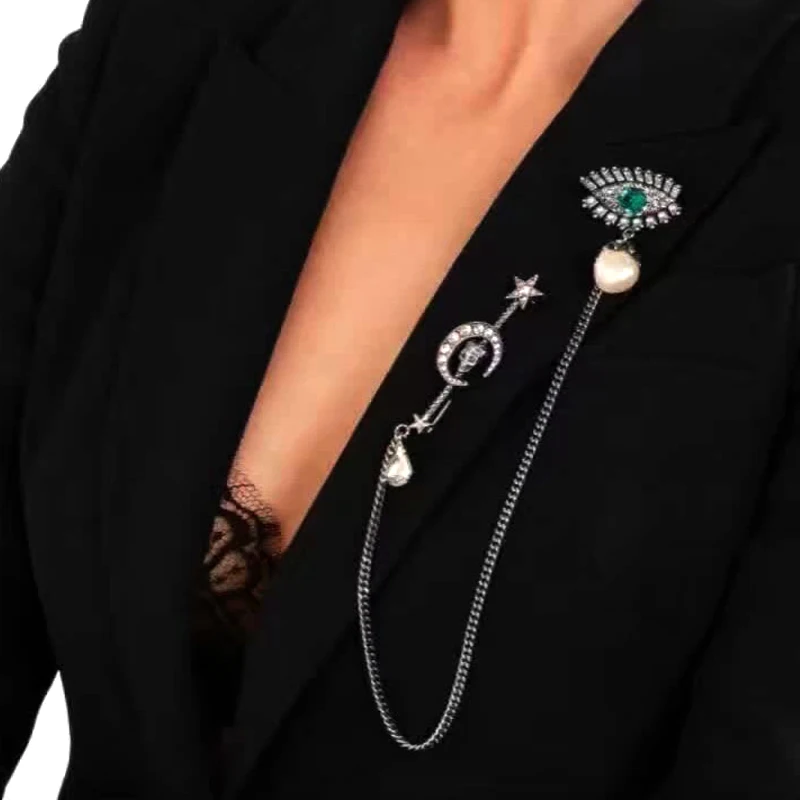 

New Arrival Fashion Women Chain DIY Brooch Crystal Charm Star Sparking Chain Brooches Lady Dress Decoration Wholesale