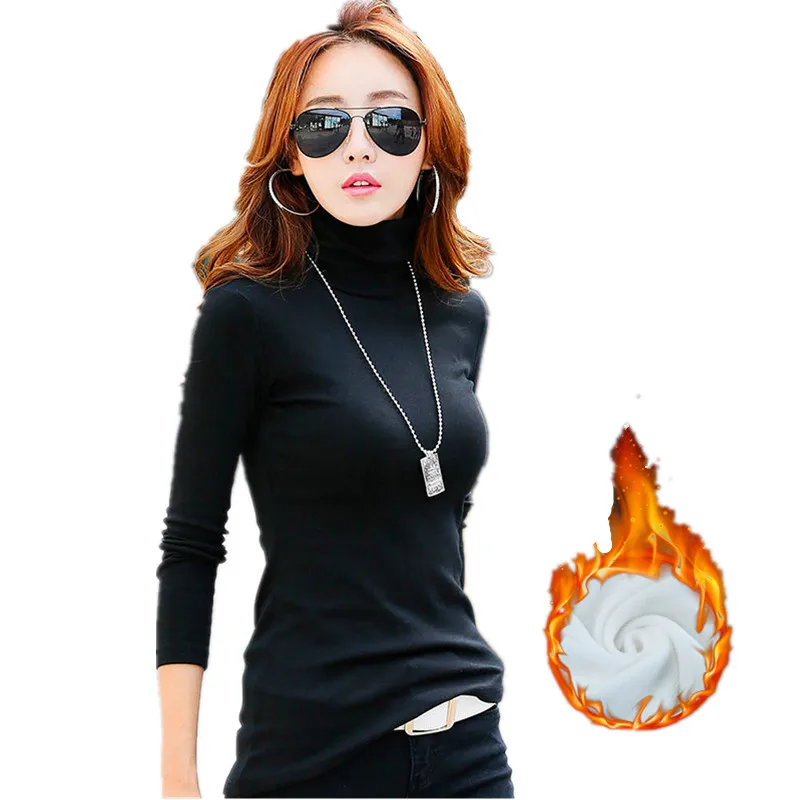 Women's Turtleneck With Long Sleeves T-shirts Female Autumn Winter Velvet Tops Korean Style Slim White Black Cotton t-shirt | Женская