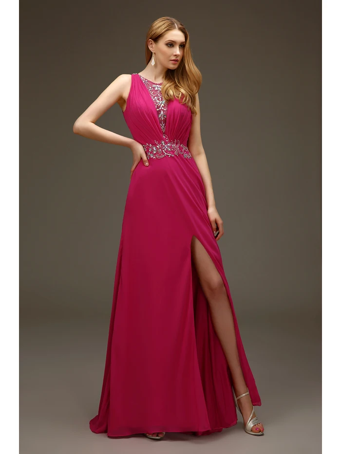 US6 Clearance In Stock A line Chiffon Party Gowns 2016 New Cheap Jewel Slit Pleated Crystal