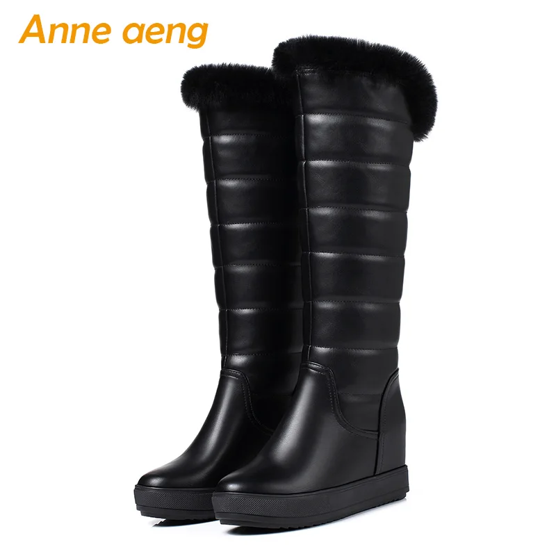 

2018 New Winter Women Snow Boots Wedge Hidden Heel Round Toe Rabbit Fur Slip-On Casual Women Platform Shoes Black Mid-Calf Boots