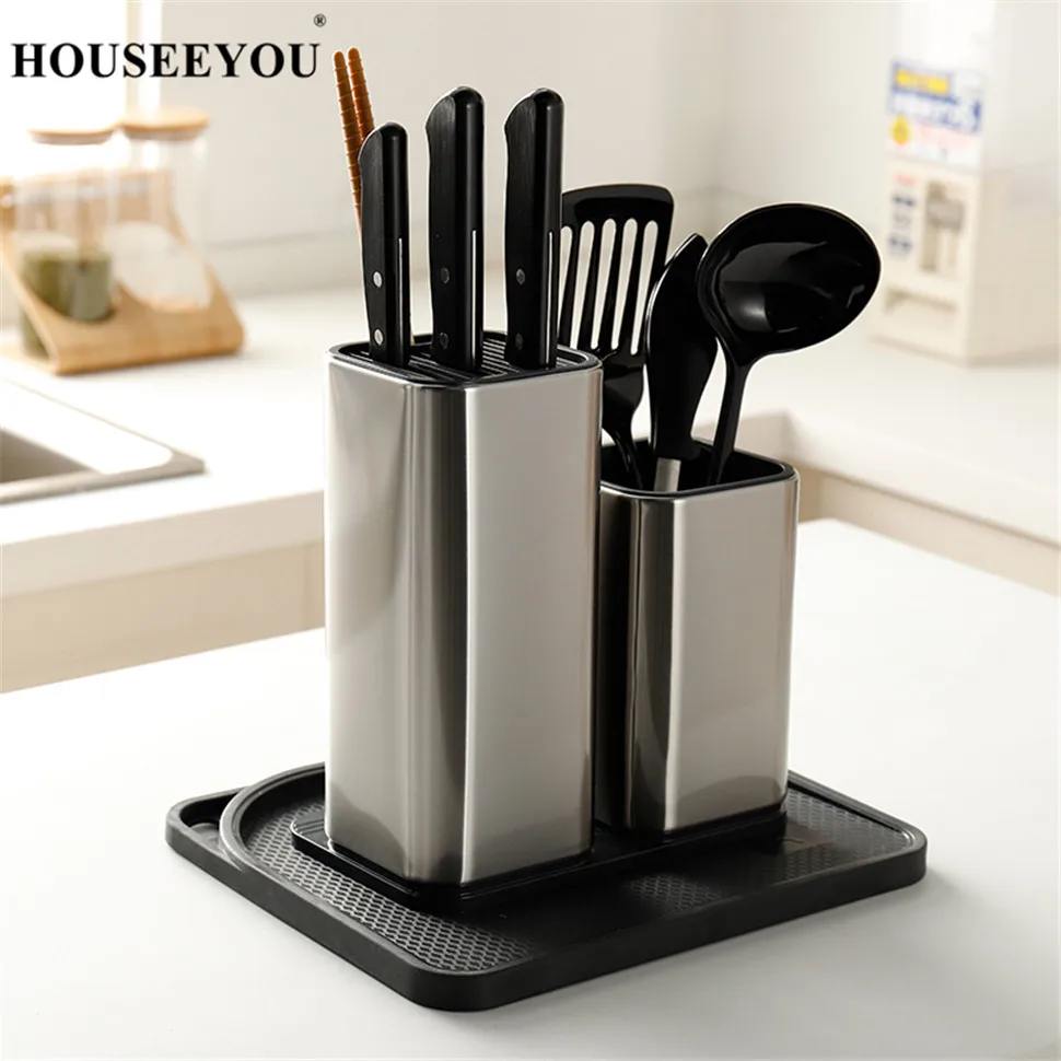 HOUSEEYOU Stainless Steel Kitchen Knife Block Holder Stand with Chopping Cutting Board Multifunctional Kitchen Storage Organizer 04