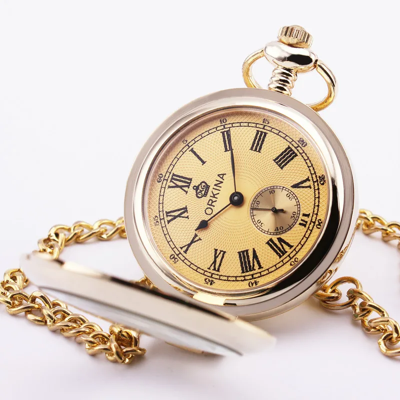 Orkina Retro Pocket Watch Roman Golden Dial Glass Lid Carved Case Sub dial Quartz Delicate Pendant