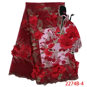

African Lace Fabric With 3D Flower And Beads 2018 Latest Royal Red Lace Fabric High Quality 3d Lace Fabric For Wedding AMY2274B