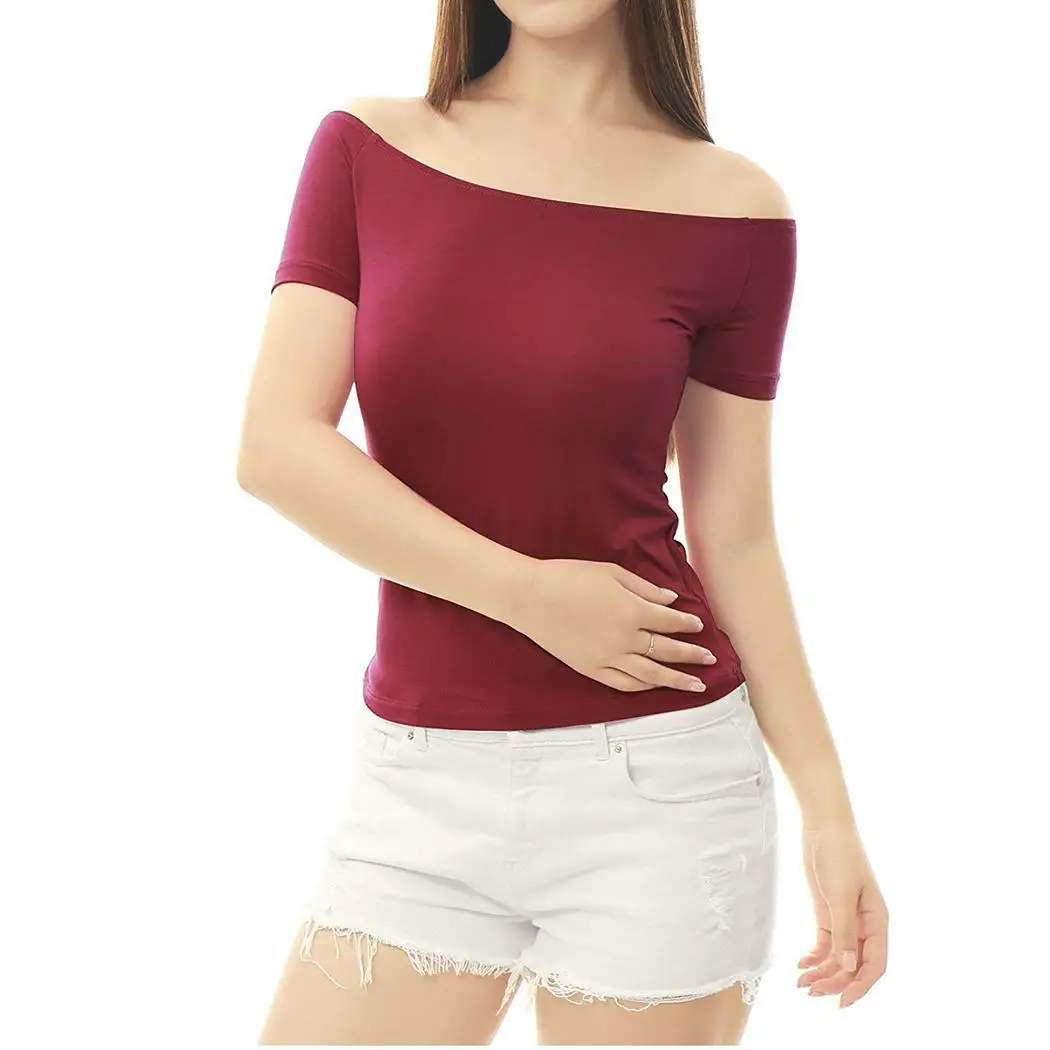 

Women Casual Slash Neck Short Sleeve Solid Off-Shoulder T-Shirt Wine Red, Black, Blue Top Regular Summer