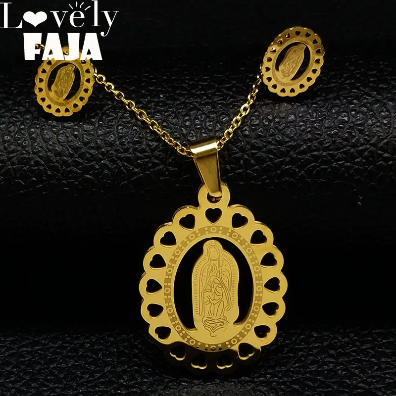 

virgen de guadalupe Stainless Steel Necklace Earings Fashion Jewelry Gold Color Set conjunto pendientes y collar mujer S178509