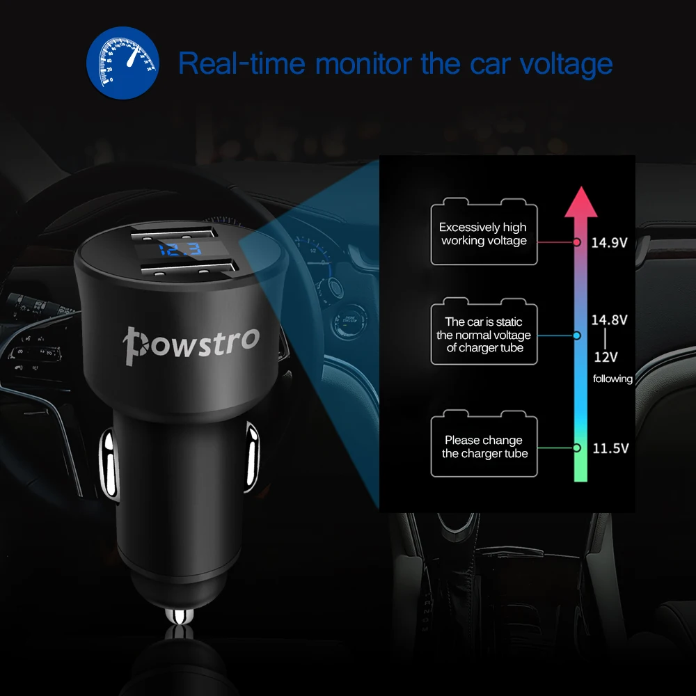 Powstro 2 USB Автомобильное зарядное устройство H2 5 V 3.4A цифровой экран металлическое охлаждение Быстрая Зарядка адаптер контроль напряжения тока Автомобильное зарядное устройство